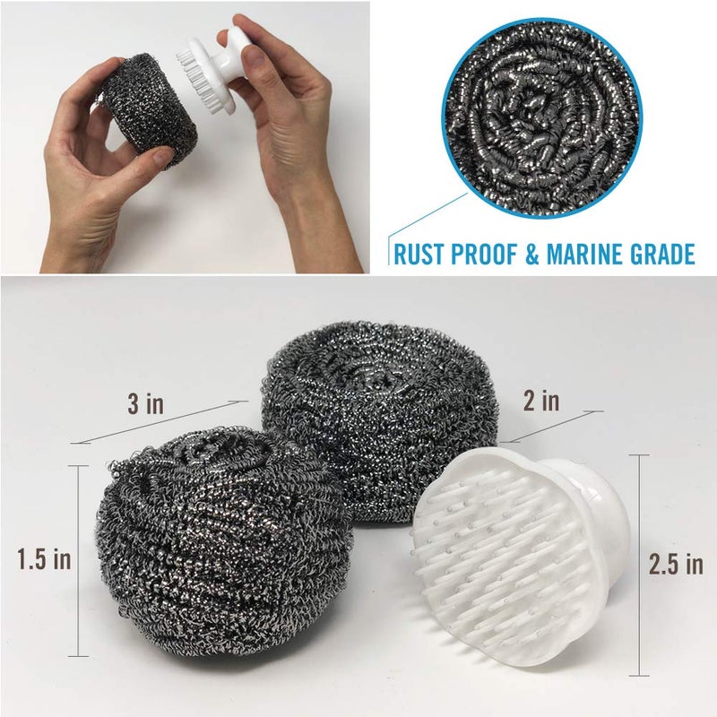 Better Boat Stainless Steel Scrubber Set, Marine Grade Steel Wool Scouring Pads with Brush Handle, Heavy Duty Cleaning Supplies for Kitchen, Dishes, Teak Wood, Outdoor Furniture, and Metal Tough Cleaning Tasks - Image 4